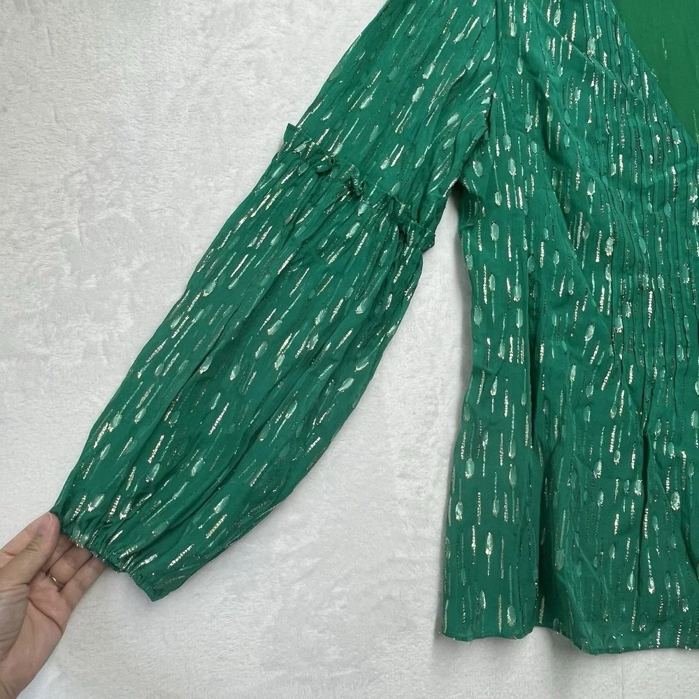 Lilly‎ Pulitzer Cleme Long Sleeve Top Womens 14 Green Gold Metallic Blouse